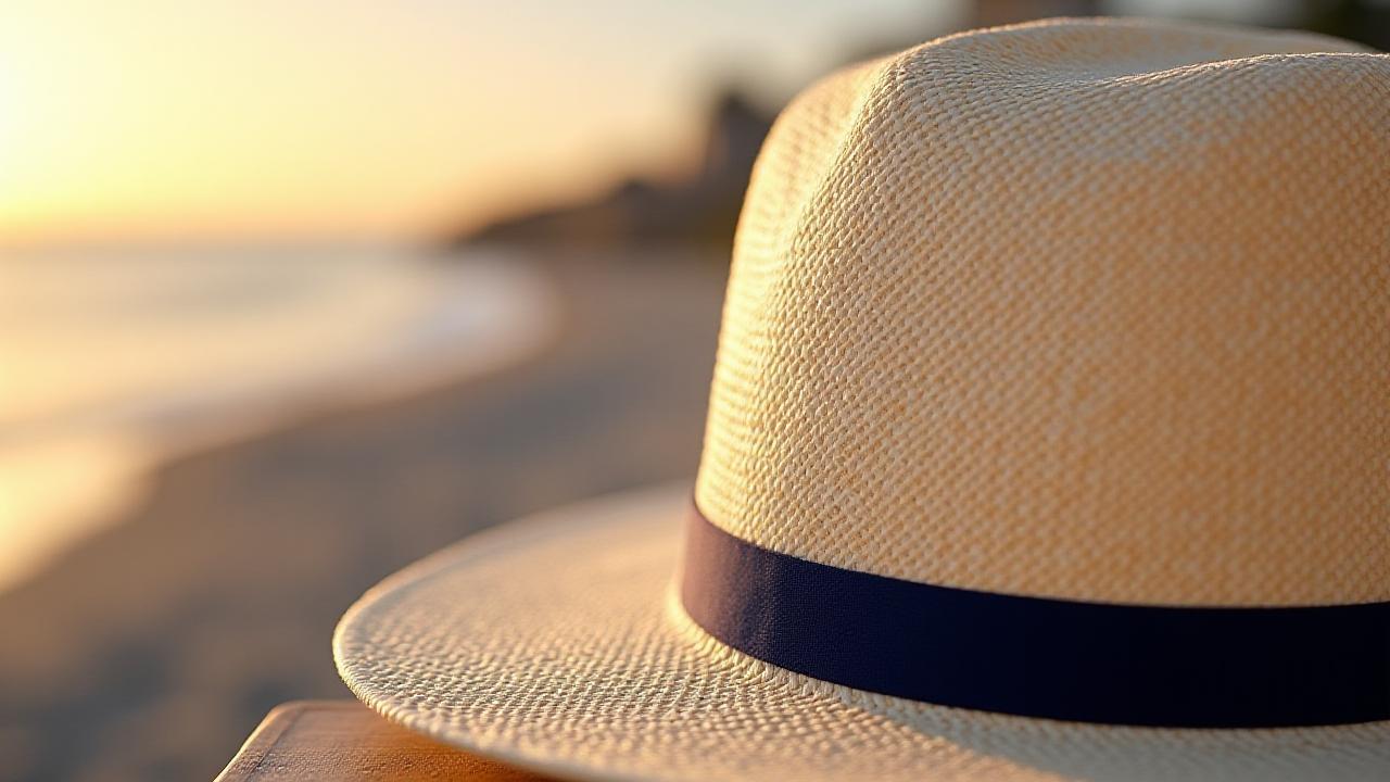 光り輝くビーチを背景にした最高級パナマハットのクローズアップ